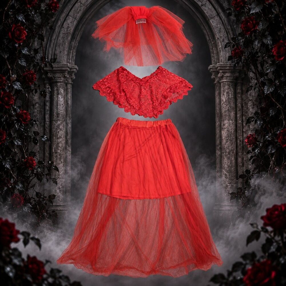 Women’s Red Gothic Bride Costume M L XL Skirt Capelet Veil Halloween 3 Piece